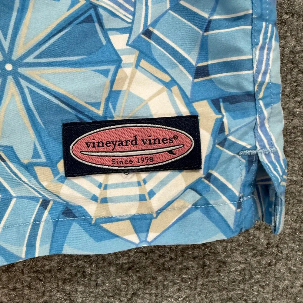 Vineyard Vines Blue & White Geometric Umbrella Print Swim Trunks